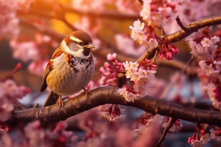 A cute sparrow in a warm spring on a cherry tree branch.の素材