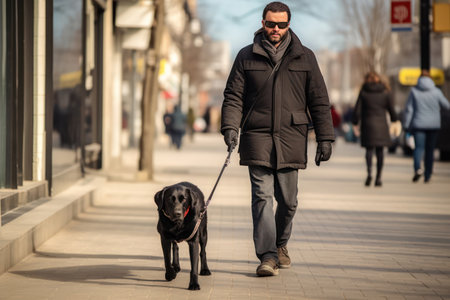 Blind disabled man wearing black sunglasses And a guide dog is walking of a city street, the city background is blurred.の素材