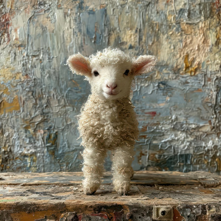 Adorable lamb standing smiling on old cement background.の素材