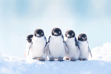 Group of little penguins standing in the snow together in a row.の素材