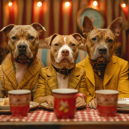 Three pit bulls are sitting facing each other in a meeting in a restaurant.の素材