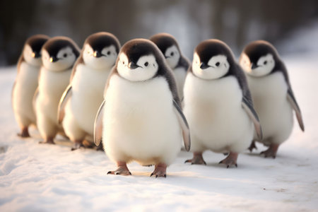 Group of little penguins standing in the snow together in a row.の素材