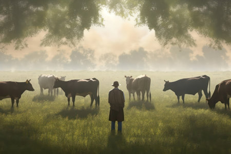 A man stood in front of a herd of cows in a field. with the sun setting.の素材