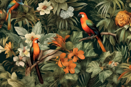 Tropical wallpaper with trees and birds.の素材