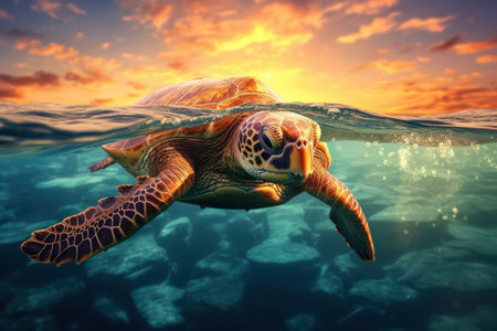 Turtle floating under water, beautiful natural ocean background.の素材