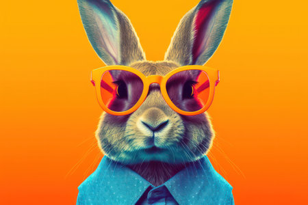 Cool bunny with sunglasses on a colorful orange background.の素材