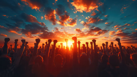 A group of arm fists in the air.の素材