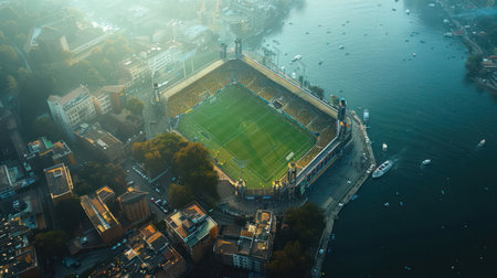 Aerial view on soccer stadium in evening time, Football arena with championship.の素材