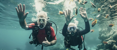 Older couple diving in the parrachos, among the fish, and waving at the camera.の素材