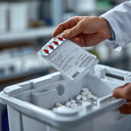 A person is holding a pill bottle with a label that says "Rx" on it. The pills inside the bottle are redの素材