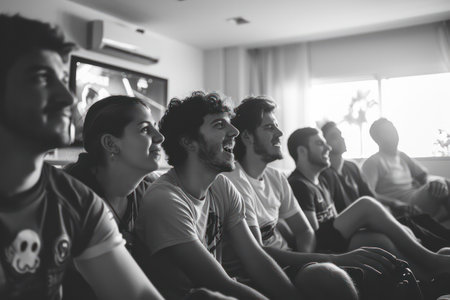A group of people are sitting in a living room watching a television. Scene is relaxed and social, as the group of people are gathered together to enjoy a shared experienceの素材