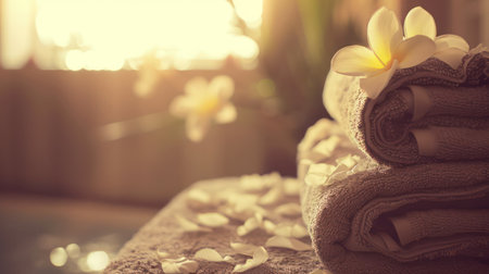 A modern spa salon's massage room, towels and freshly cut flowers adorn the serene space, creating an atmosphere of relaxation and rejuvenation.の素材