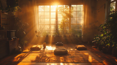A room with a lot of plants and a rug. The sun is shining through the window, creating a warm and inviting atmosphereの素材