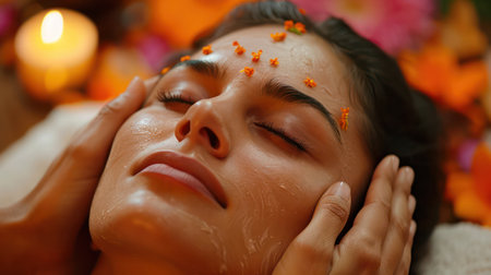 Ayurveda spa, a client receives a Pinda Sweda massage, a traditional Ayurvedic therapy known for its healing and rejuvenating properties.の素材