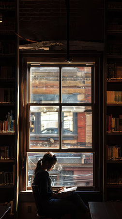Silhouette of a person reading a book by the window in the libraryの素材