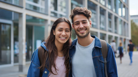 Happy handsome male and female students standing in front of building at campus.の素材