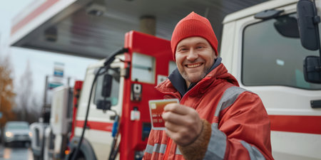 Happy truck driver at gas station Show your fuel cardの素材
