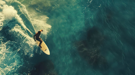 Smiling man surfing on a brightly colored plate of Drone angle photography.の素材