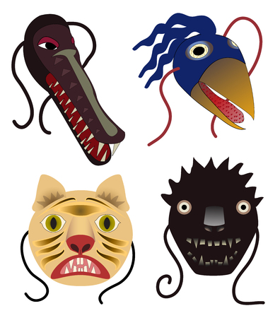 Four monster animal masks  alligator, bird, two catsのイラスト素材