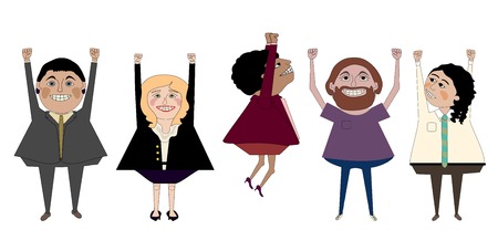 Three men and two women of various types celebrating with an air punchのイラスト素材