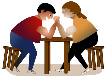 Two men struggling in an arm wrestle, sitting at a table のイラスト素材