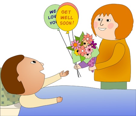Woman visiting a sick man who is happy to see her  She brings flowers and balloonsのイラスト素材