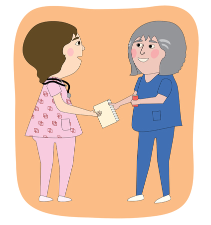 Two women nurses talking, with a chart, stethoscope  One is a senior in age のイラスト素材