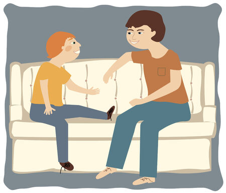 A father and son talking casually on a sofa のイラスト素材