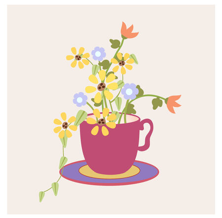 Graphic style cup with flowers, leaves from the gardenのイラスト素材