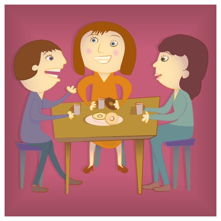 A man and two women talking over coffee at the officeのイラスト素材