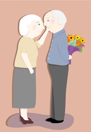 Loving couple with gray hair  The man has a surprise for her のイラスト素材