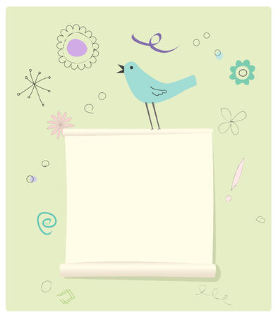 Scrolled Message page with a bird and fun doodlesのイラスト素材