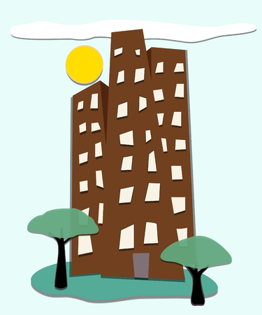Stylized illustration of tall buildings with sun, trees, lawnのイラスト素材
