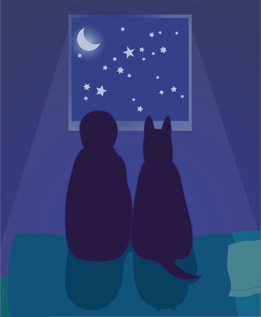 A child and dog sitting on the bed looking out a window at the night skyのイラスト素材