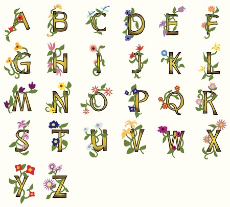 Pretty capital fonts decorated with vines, flowers, leavesのイラスト素材