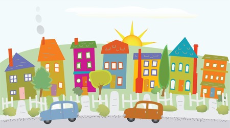 Stylized neighborhood houses on a hill, two cars, sunshine, treesのイラスト素材