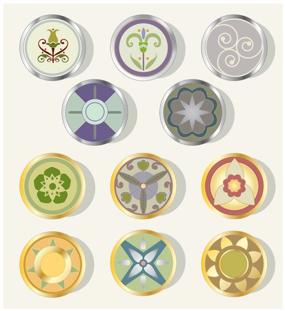 Eleven round design elements of various types, with metallic bevelsのイラスト素材