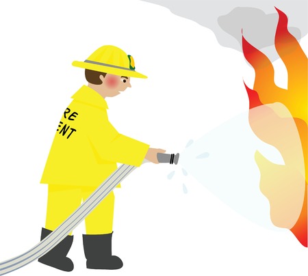 Firefighter with hose putting out a fireのイラスト素材