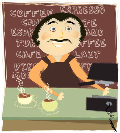 Man working at a counter in a   coffee shopのイラスト素材