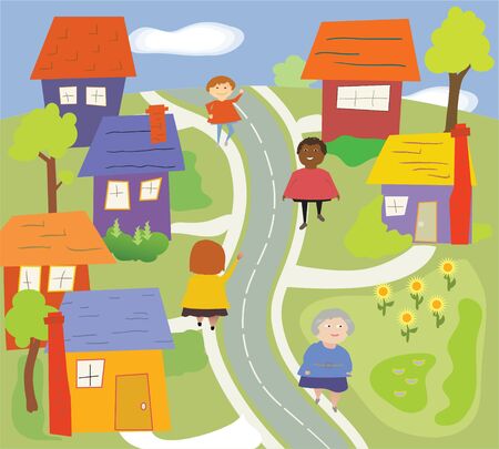 A colorful neighborhood scene with lawn, road, trees, diverse people.のイラスト素材