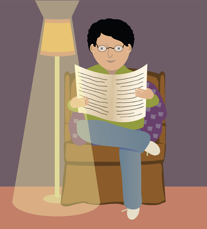 A man sitting in a comfortable chair reading a newspaper, with a lampのイラスト素材