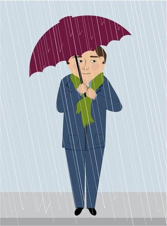 A man in the rain huddles under an umbrellaのイラスト素材