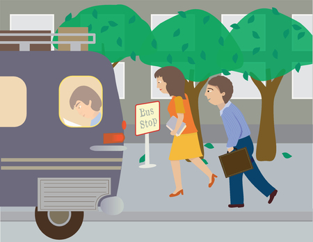 Two people run to catch the bus, has a bus, a passenger, trees, sidewalk, buildingsのイラスト素材