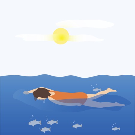 A woman swimming, with fish and sunのイラスト素材