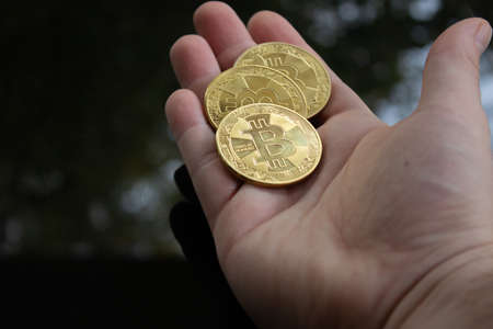 Man hand holding some bitcoin in different variations. Bitcoin is the most valuable currency on the...