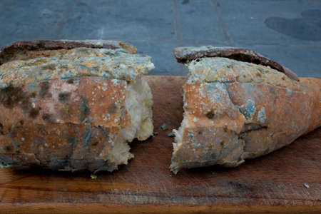 Mouldy bread on a wooden cutting board. Selective focusの写真素材