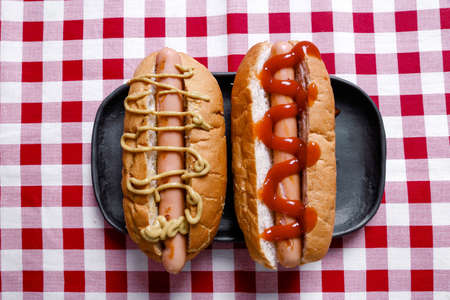 Hot dog concept with delicious hot dog buns together with various dishes.の写真素材