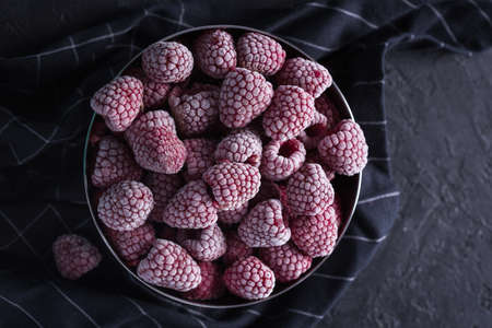 Overhead view of frozen raspberries