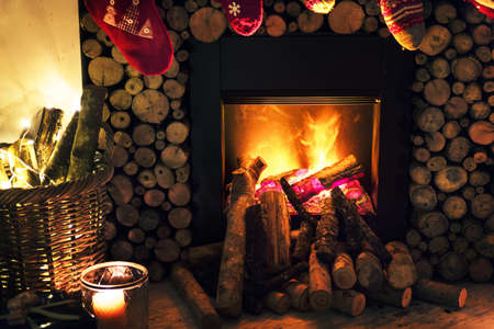 Close up of a fireplace during Christmasの写真素材