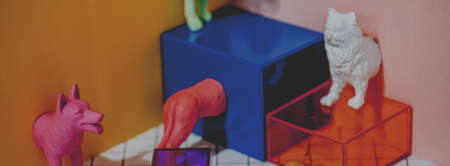 Colorful toy animals with geometric glass figuresの写真素材